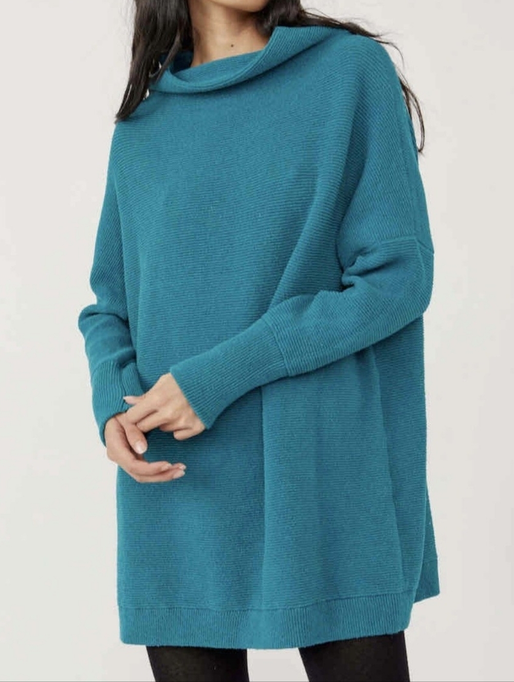 Free People Ottoman Cashmere Tunic Sweater XS Teal‎ Mock Neck Oversized Pullover